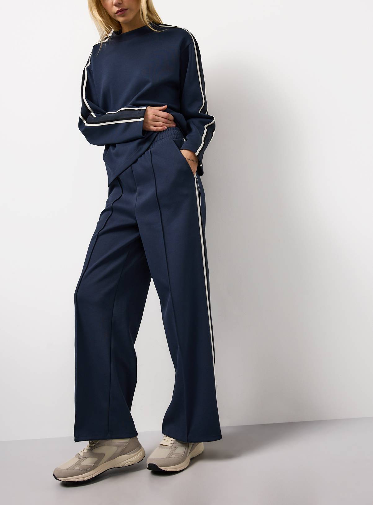 Dark Blue Elevated Side Stripe Co-ord Wide Leg Joggers M - Image 1